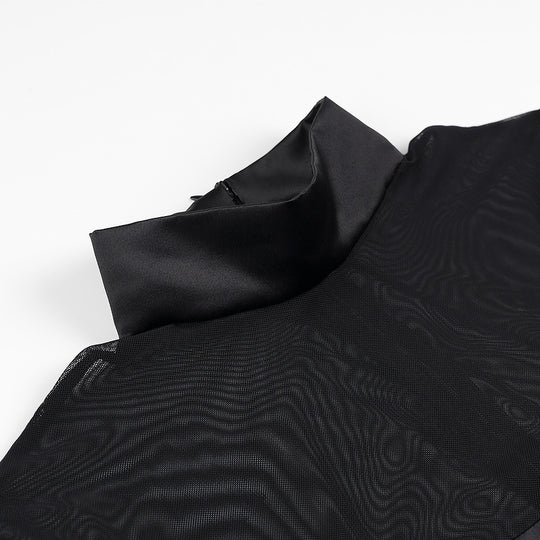 Damen elegantes Auftakt-Kleid mit transparenten Ärmeln und hohem Kragen EB
