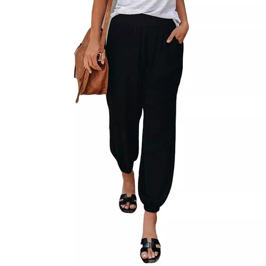 Damen lässige Leinen-Hose mit elastischem Bund und Gummizug EB