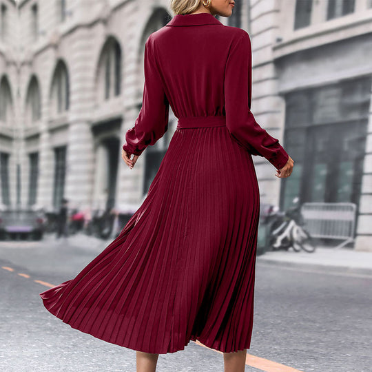 Damen Plissiertes Wickel-Midikleid mit Hemdkragen, Taillengürtel und langen Manschettenärmeln EB