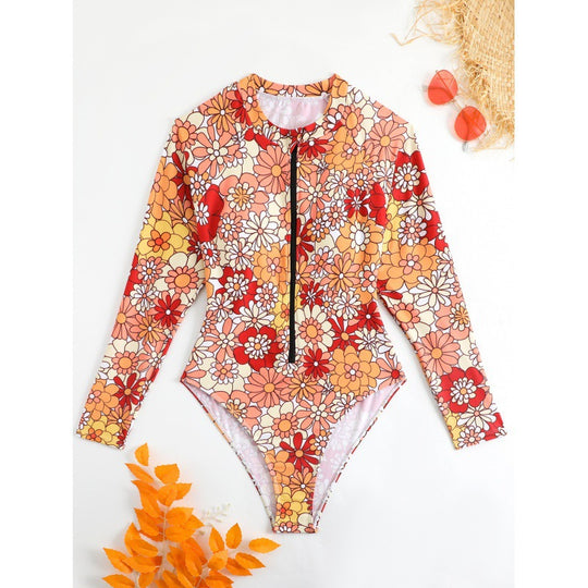 Damen Langarm-Badeanzug mit floralem Design und herausziehbarem Reißverschluss EB