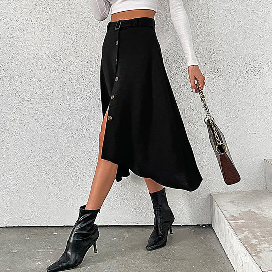 Damen Midi-Rock mit dekorativen Knopfdetails und Bindegürtel EB