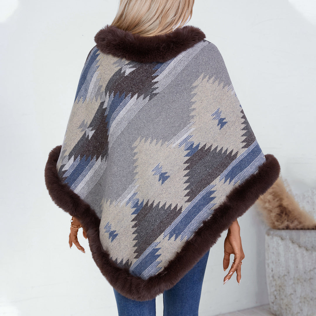 Damen Kuschelpullover mit hochwertigem Kunstfellbesatz und geometrischem Muster EB
