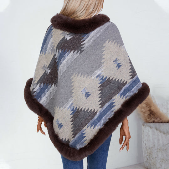 Damen Kuschelpullover mit hochwertigem Kunstfellbesatz und geometrischem Muster EB
