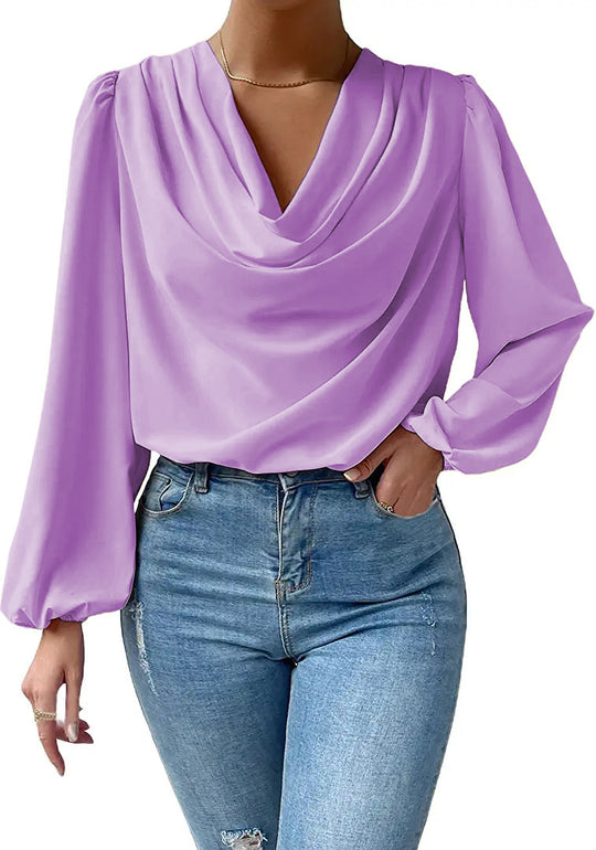 Damen Elegantes Langarm-Blusenoberteil mit Drapierung und weitem Schnitt EB