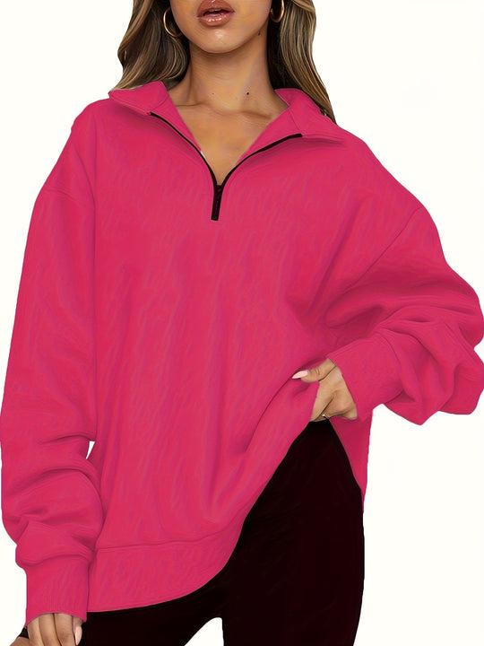 Damen nan Oversized Sweatshirt mit Kurzreißverschluss, Stehkragen und Kängurutasche EB