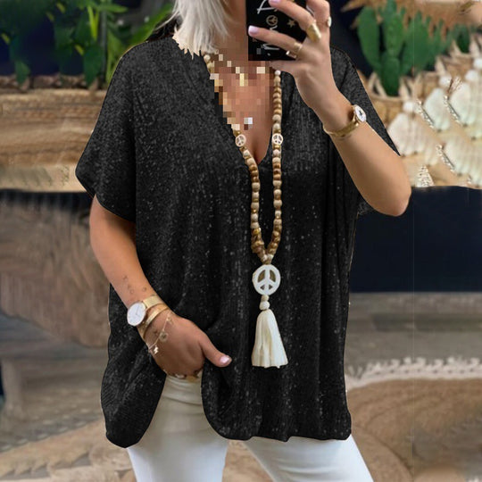 Damen Glamouröses Pailletten-Tunikashirt mit V-Ausschnitt EB