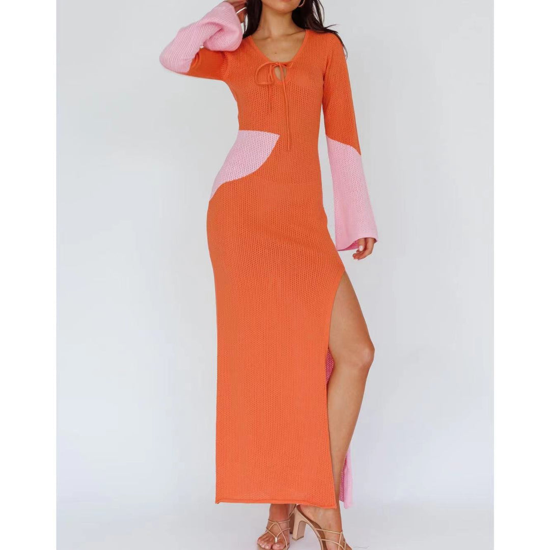 Damen elegantes Strick-Maxikleid mit innovativem Cut-Out-Design und weitem Schlitz EB