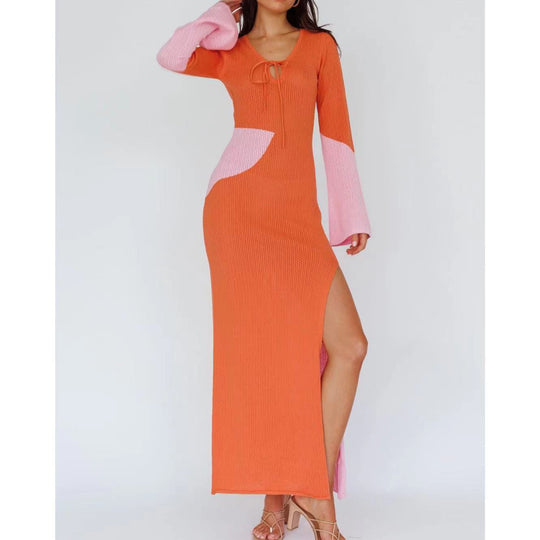 Damen elegantes Strick-Maxikleid mit innovativem Cut-Out-Design und weitem Schlitz EB