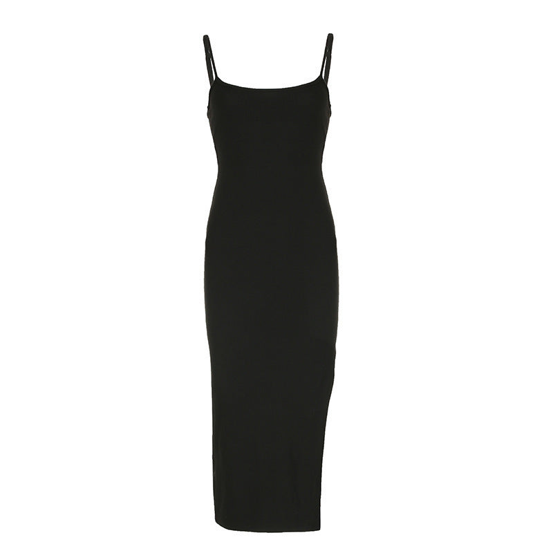 Damen elegantes, figurbetontes Midi-Kleid mit feinen Spaghettiträgern EB