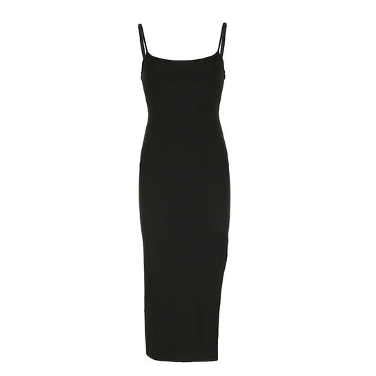 Damen elegantes, figurbetontes Midi-Kleid mit feinen Spaghettiträgern EB