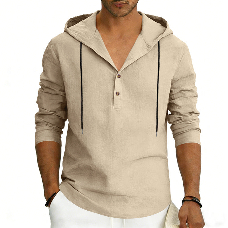Herren nan Leinen-Henley-Kapuzenhemd mit kurzer Knopfleiste, Kapuze und relaxtem Schnitt EB