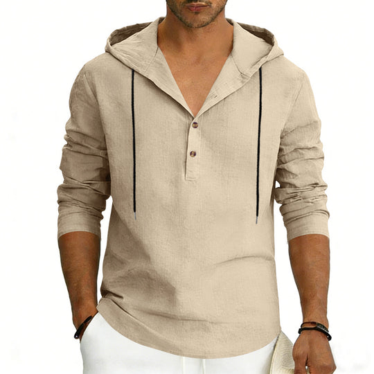 Herren nan Leinen-Henley-Kapuzenhemd mit kurzer Knopfleiste, Kapuze und relaxtem Schnitt EB
