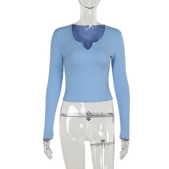 Damen figurbetontes Langarmshirt mit V-Ausschnitt und Rippstruktur EB