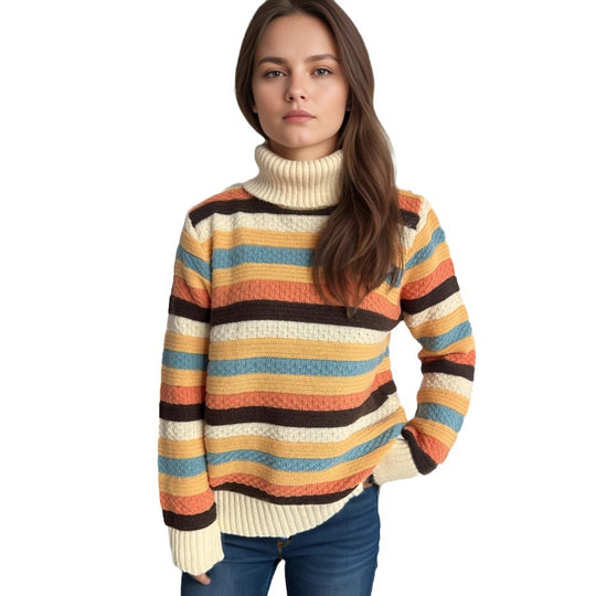 Damen Rollkragenpullover mit farbenfrohen Streifen und hochwertiger Strickqualität EB