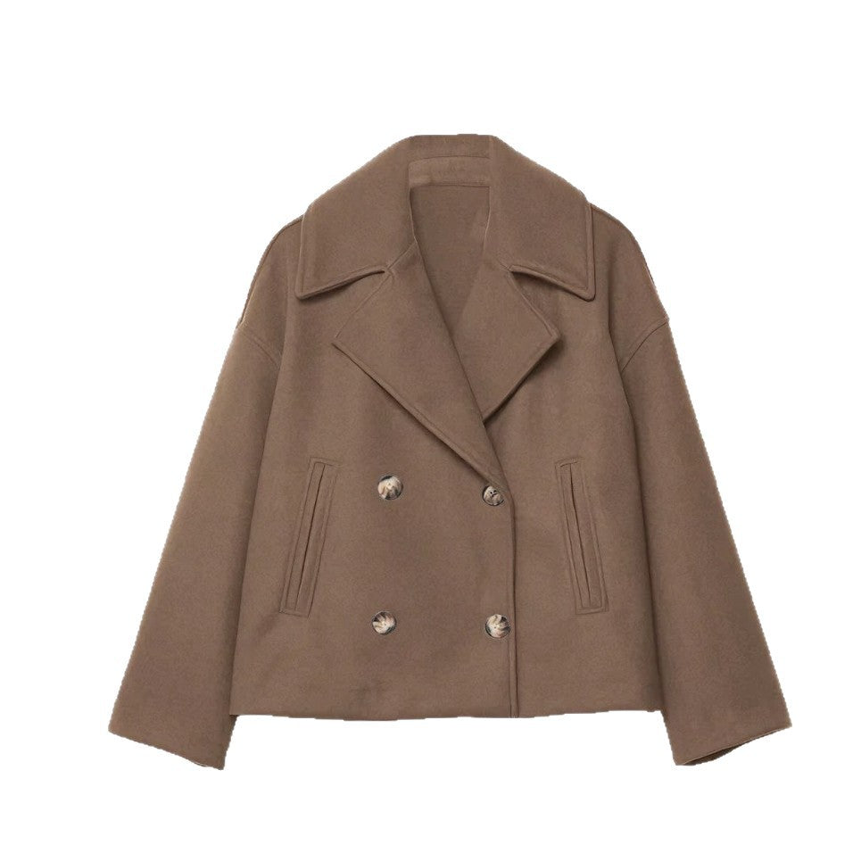 Damen nan kurzes doppeltreihiges Wollmix-Manteljacke im Boxy-Cut mit weitem Reverskragen EB