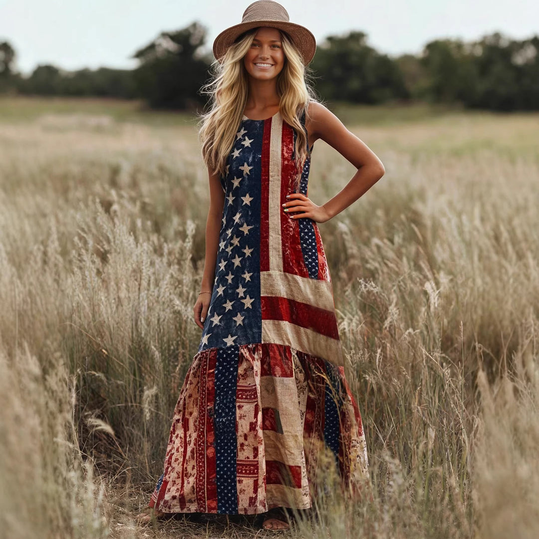 Damen Ethno-Inspirierte Maxikleid mit Flaggenmuster und Rüschensaum EB