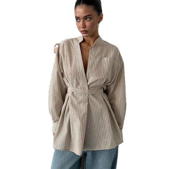 Damen elegante Bluse mit tailliertem Schnitt und Gürtel EB