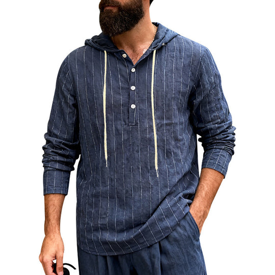 Herren nan Kapuzenshirt aus Leinenmix mit halber Knopfleiste und Nadelstreifen EB