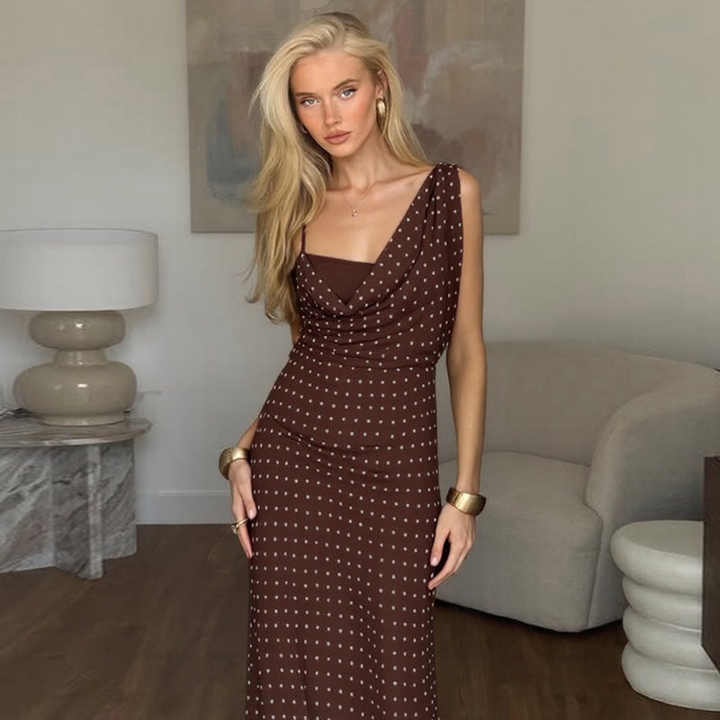 Damen Maxikleid mit asymmetrischem Ausschnitt und eingewebtem Punktedesign EB