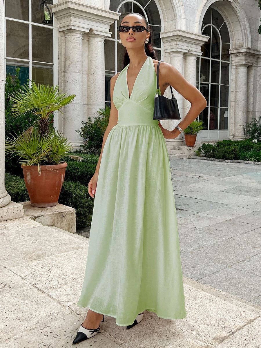 Damen Elegantes Maxikleid mit Halterneck-Design und fließendem Rock EB