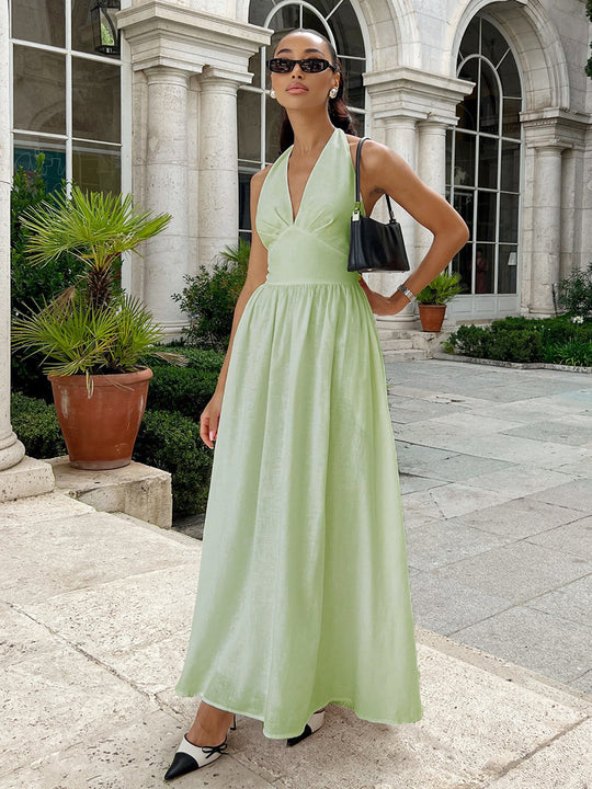 Damen Elegantes Maxikleid mit Halterneck-Design und fließendem Rock EB