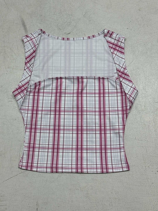 Damen figurbetontes Karo-Top mit elegantem Schnitt und transparenten Einsätzen EB