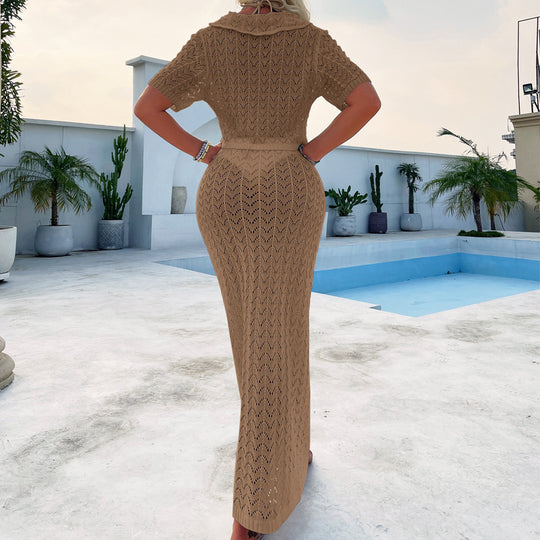 Damen Häkel-Midi-Kleid mit festem Bund und luxuriösem Schnitt EB