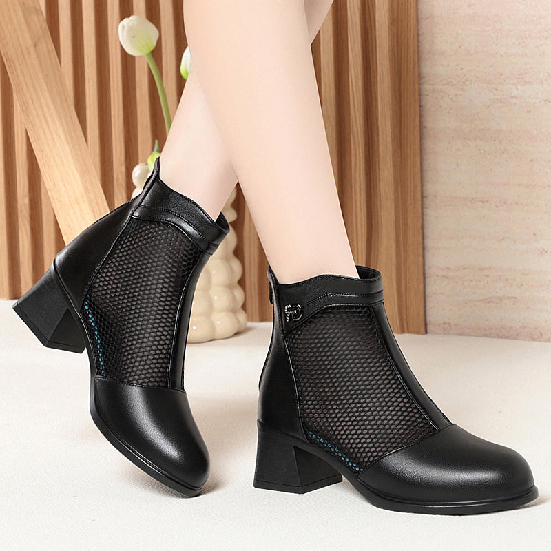 Damen Trendige Stiefeletten mit durchlässigem Netzdesign und komfortablem Blockabsatz EB