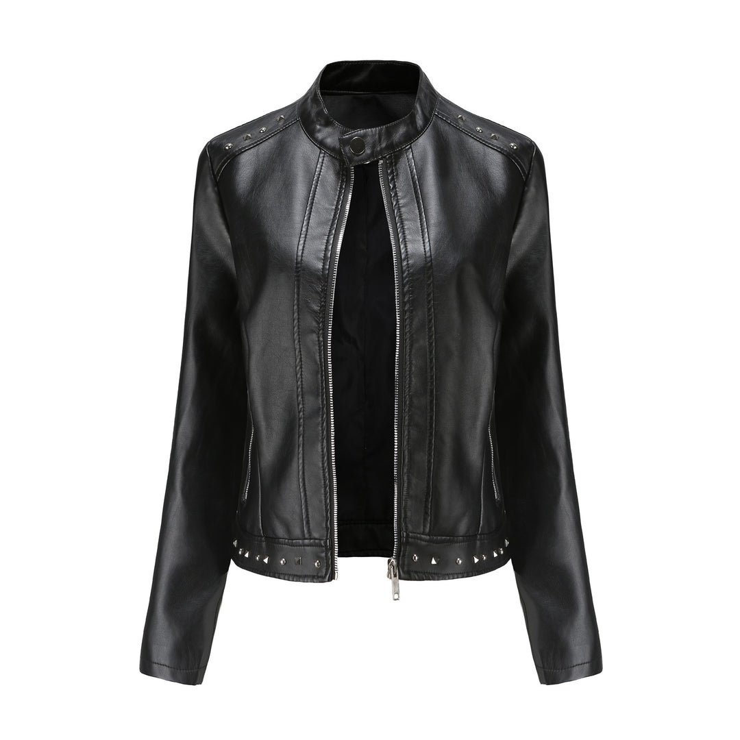 Damen nan kurze taillierte Kunstlederjacke mit Stehkragen Zwei-Wege-Reißverschluss und Ziernietensaum EB