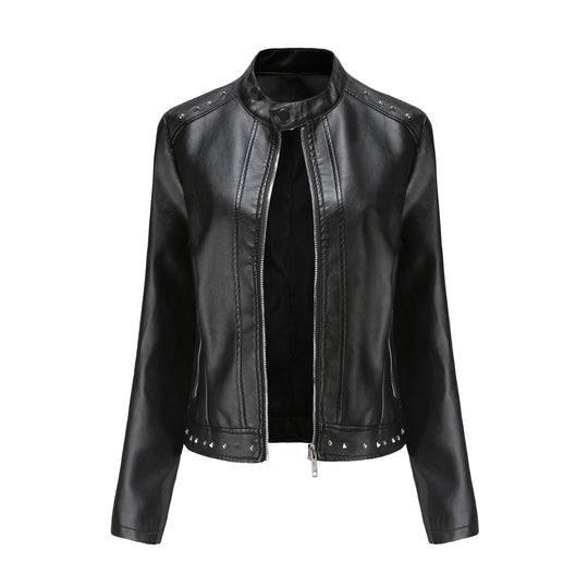 Damen nan kurze taillierte Kunstlederjacke mit Stehkragen Zwei-Wege-Reißverschluss und Ziernietensaum EB