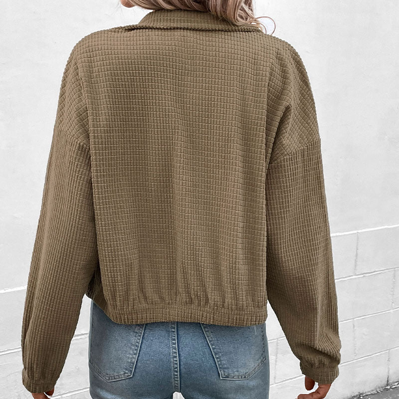 Damen Kurz geschnittene Waffelstruktur-Jacke mit Stehkragen und Reißverschluss EB