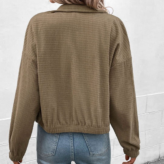 Damen Kurz geschnittene Waffelstruktur-Jacke mit Stehkragen und Reißverschluss EB