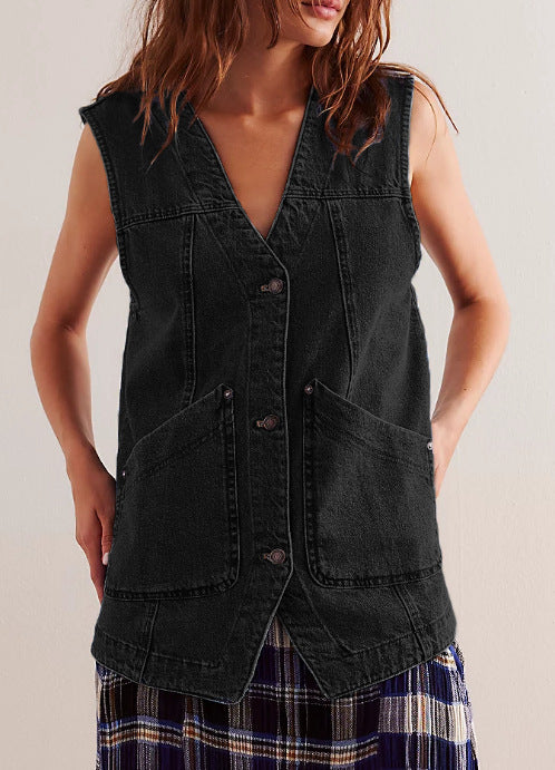Damen Denim-Latzjacke mit praktischen Taschen und modischem V-Ausschnitt EB