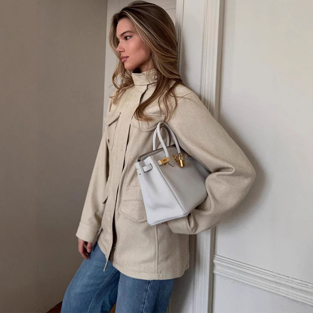 Damen lässige Utility-Jacke mit hohem Kragen und praktischen Taschen EB