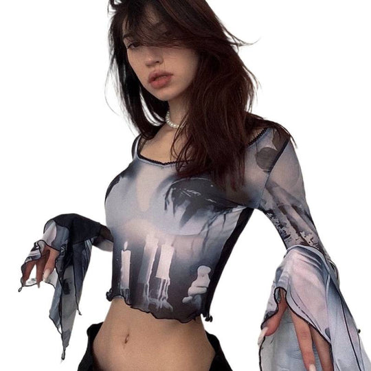 Damen Langarm Crop-Top mit kreative Grafik-Printdetails und ausgestellten Ärmeln EB