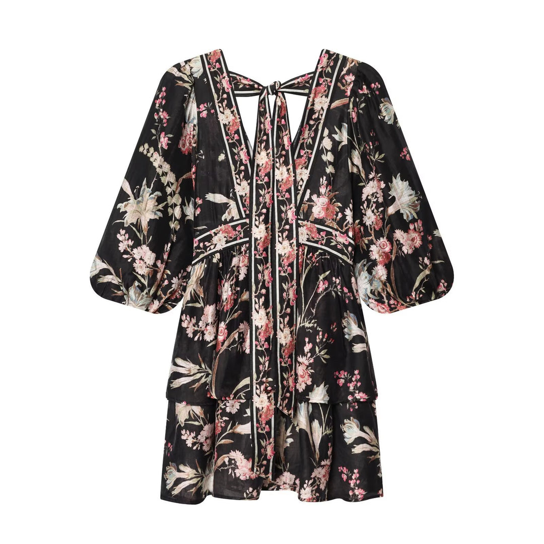Damen Boho-Kleid mit voluminösen Ärmeln und romantischem Blumenmuster EB