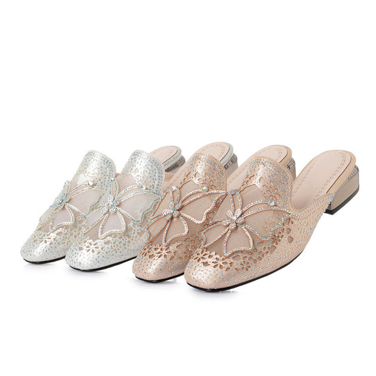 Damen Mules mit funkelnden Strassverzierungen und elegantem Blütenakzent EB
