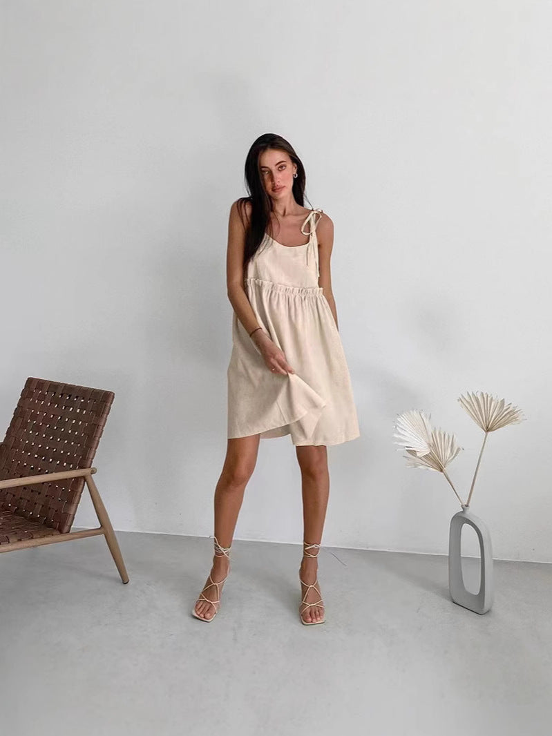 Damen lässiges Spaghettiträger-Kleid mit elastischem Bund und dekorativen Schleifen EB