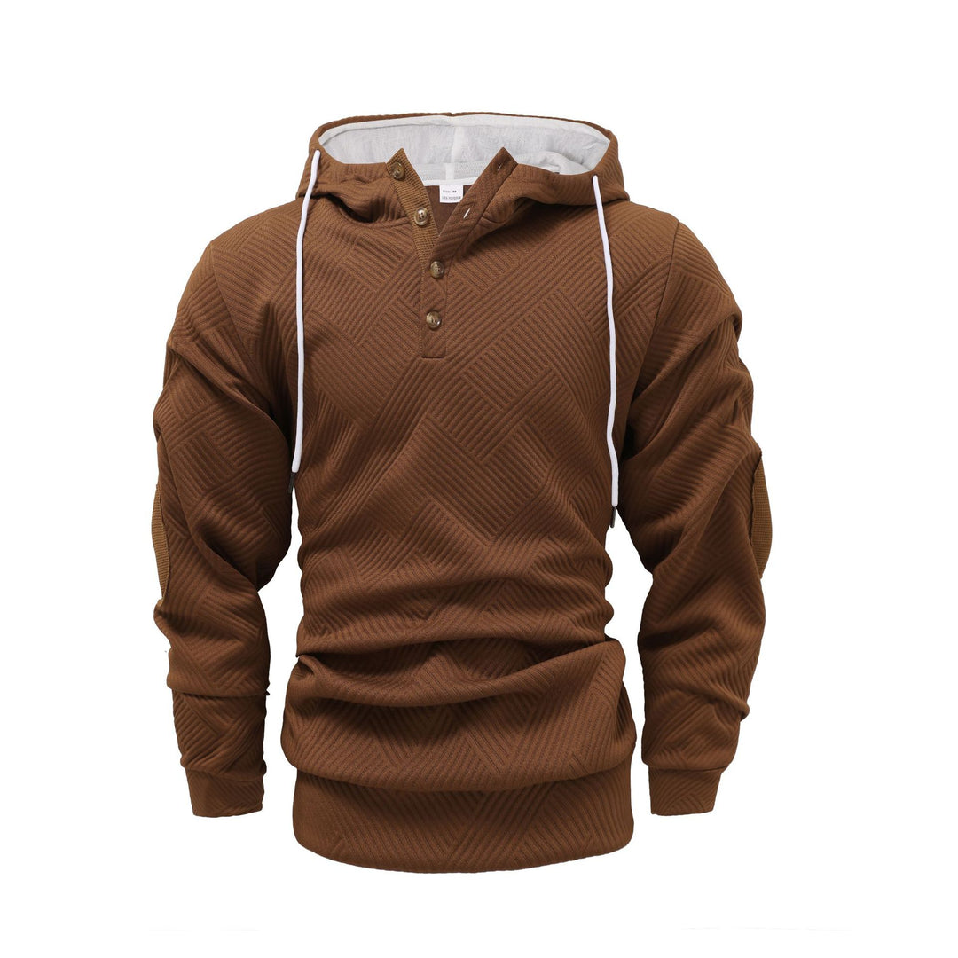 Herren nan strukturierter Kapuzenpullover im Henley-Stil mit Kontrastbesatz und Ellenbogenaufnähern EB