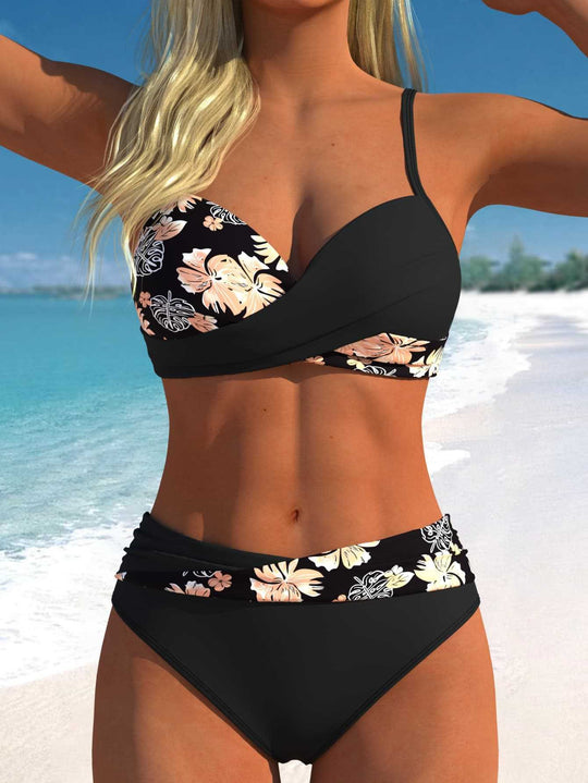Damen Wickel-Bikini-Set mit floralem Design und hohem Bund EB