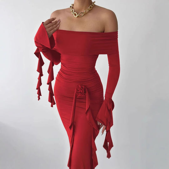 Damen Elegantes Off-Shoulder Maxikleid mit Rüschendetails und figurbetonter Silhouette EB