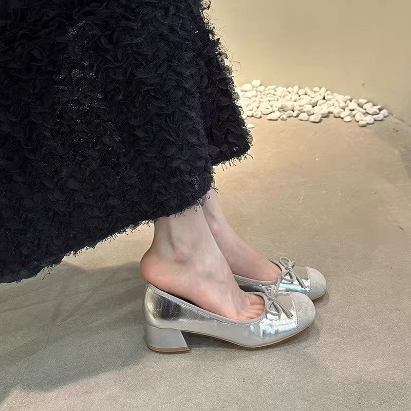 Damen elegante Ballerina-Schuhe mit glänzender Oberfläche und komfortablem Blockabsatz EB