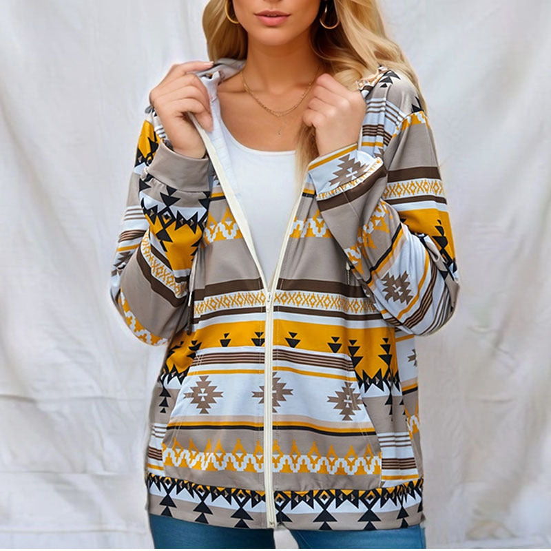 Damen Kapuzenjacke mit tribal inspiriertem Muster und praktischen Taschen EB