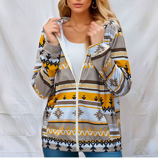 Damen Kapuzenjacke mit tribal inspiriertem Muster und praktischen Taschen EB