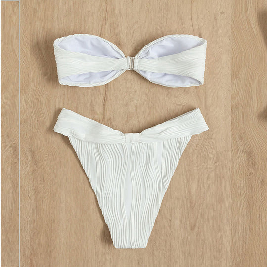 Damen Bandeau-Bikini mit modischer Raffung und hoch geschnittenem Slip EB