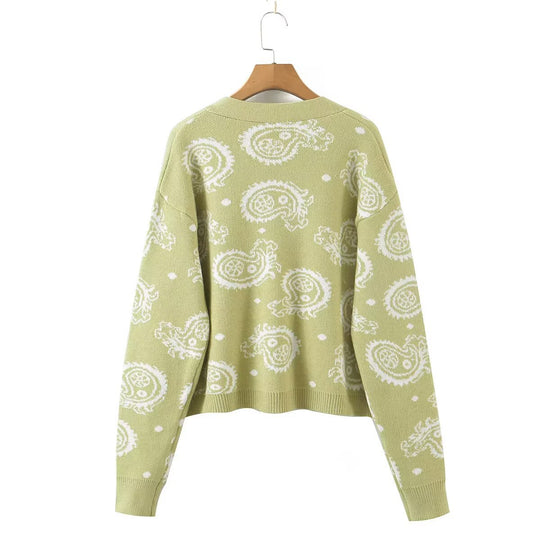Damen Strickjacke mit V-Ausschnitt und floralen Mustern EB