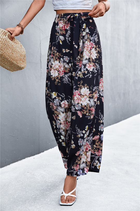 Damen Weite Blumenhose mit elastischem Bund und Bindegürtel EB