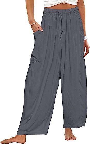 Damen nan weite Palazzohose aus leichtem Leinenmix mit Tunnelzug und seitlicher Tasche EB