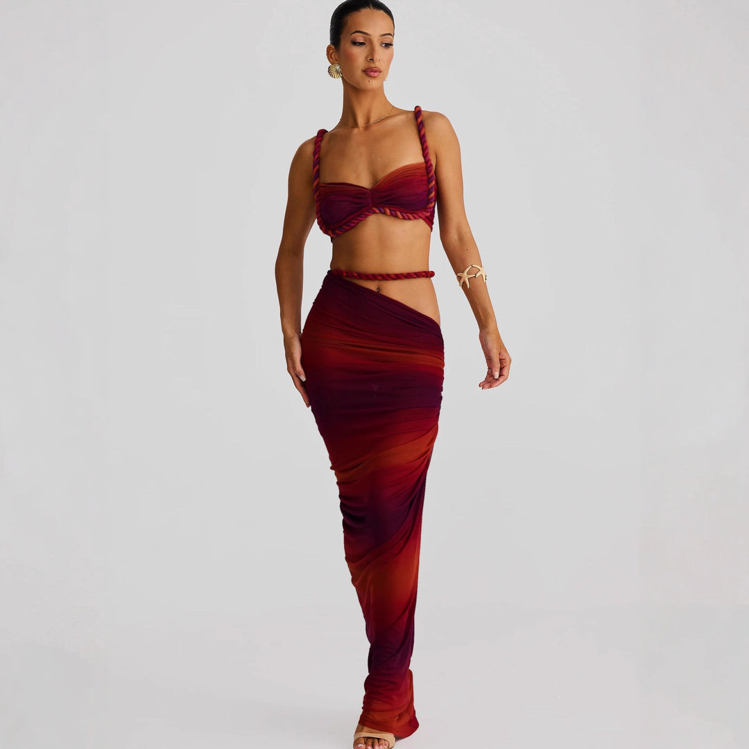 Damen Set mit crop Top und langem Rüschenrock EB