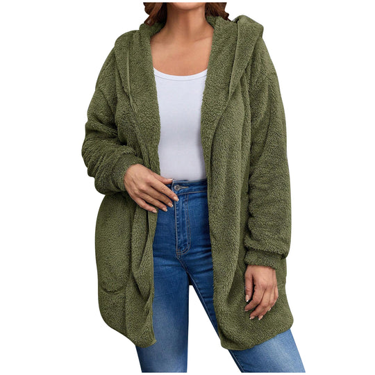 Damen nan kuschelige Teddy-Fleece Kapuzenjacke mit großen Eingrifftaschen und entspannter Silhouette EB